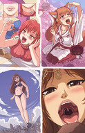 drawing giantess karbo vore blushing city mega color large_breasts long_hair tongue swimsuit destruction brunette fox_ears short_hair looking_down open_mouth between_fingers fox_girl imminent_vore cysh_aizen