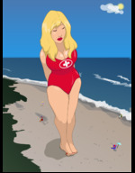 drawing giantess crush blonde color beach barefoot cleavage lifeguard goddess_hela