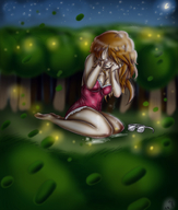 drawing giantess color long_hair clothed barefoot cleavage glasses brunette crying kneeling night nightie kaytlin_andcie