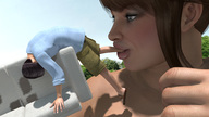 giantess brunette short_hair outdoors between_lips furniture imminent_vore digital_render