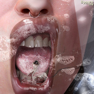 tongue wet saliva lying_down shrunken_woman open_mouth spawngts nose_ring imminent_vore digital_render