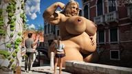 giantess blonde huge_breasts posing muscles belly river voluptuous digital_render dinner-kun