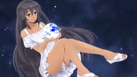 drawing giantess mega black_hair color long_hair blue_eyes toes dress sandals white_dress sun_dress
