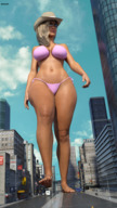 bikini breasts giantess crush city mega barefoot buildings blood legs sunglasses streets vehicles voluptuous point_of_view pedestrians cowgirl_hat street_view thick_thighs digital_render amgipi