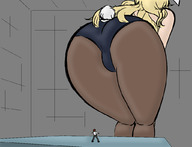 drawing blonde color long_hair butt kanahebi nylons unaware shrunken_man bunny_costume imminent_crush カナヘビ