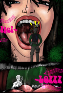 giantess comic color tongue teeth shrunken_man open_mouth looking_at_victim imminent_vore on_shoulder tastysnack
