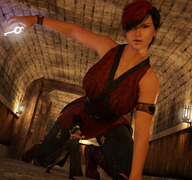 breasts giantess mega red_hair crawling looming looking_down indoors jetslasher ripping_clothes digital_render