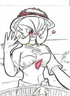drawing giantess pokemon blushing monochrome gardevoir looking_down hat waving_hand stevenmegasandwich