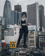 giantess collage city buildings asian short_hair smoking looking_down tokyo airraid