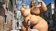 breasts giantess nude blonde large_breasts buildings belly voluptuous flexing looking_at_tiny digital_render dinner-kun