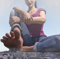 city mega long_hair clothed barefoot buildings jeans brunette ponytail sitting foot_crush shirt digital_render bigiolax