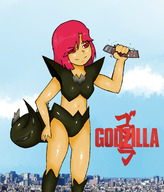 drawing giantess collage city color handheld buildings red_eyes pink_hair godzilla hand_crush costume lucy_miwayura