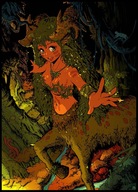 drawing giantess karbo long_hair centaur smiling green_hair reaching open_mouth forest outdoors makeup deer bodypaint