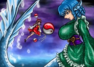 drawing giantess color blue_eyes touhou blue_hair mermaid flying source_needed reimu_hakurei shrine_maiden wakasagihime