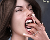 vore tongue mouth teeth finger brunette hand face shrunken_man manicure rings spawngts poking poking_in digital_render savory