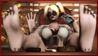 large_breasts barefoot cleavage skirt glasses harley_quinn sitting pigtails phone office worship shrunken_woman shrunken_man hiding makeup poposan digital_render