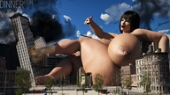 giantess nude city black_hair destruction handheld buildings huge_breasts sitting bus voluptuous between_fingers digital_render dinner-kun