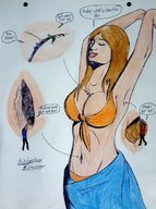 bikini drawing micro long_hair brunette unaware shrunken_man closed_eyes hanging_on bellybutton no_background armpits between_breasts