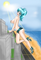 breasts drawing nipples giantess blushing color blue_eyes beach water high_heels buildings blue_hair open_mouth hanging_on leaning_on_building sunshine kasumikills