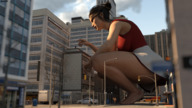 giantess feet city barefoot buildings brunette legs reaching streets vehicles rooftop looking_at_tiny digital_render amgipi