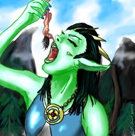 drawing giantess vore dragoness color fangs open_mouth forest dangle between_fingers imminent_vore green_skin pointed_ears tastysnack