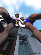 brunette low_angle couple ponytail short_hair shorts looking_down point_of_view top sports_bra digital_render johnnyscribe