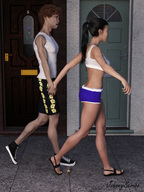 walking unaware shrunken_man outdoors green_nails digital_render johnnyscribe
