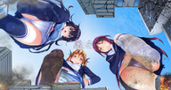 drawing giantess panties city upskirt blonde black_hair color long_hair destruction low_angle socks red_hair twintails explosion giantesses outdoors point_of_view thigh_highs debris