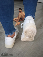 penis barefoot jeans domination shrunken_man naked_man standing sneakers looking_up littlesmall nike_thea