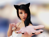 blue_eyes handheld black_eyes shrunken_people open_mouth between_fingers on_lip black_nails looking_at_tiny digital_render innocent-owl