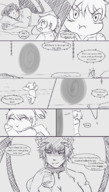 drawing horns comic monochrome large_breasts topless collar looking_down dialogue panels xxxgoom