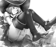 drawing giantess panties upskirt monochrome destruction high_heels boots hat floating_islands looking_at_viewer