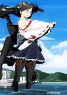 drawing giantess city black_hair clothed ocean glasses short_hair outdoors kantai_collection
