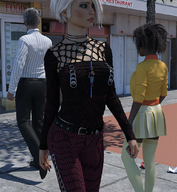 white_hair short_hair bondage fishnets shrunken_man pants outdoors jewelry nail_polish necklace belt hanging_on black_nails digital_render