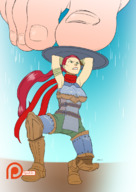 drawing giantess crush color long_hair toes barefoot red_hair fighting shrunken_woman shield imminent_crush spokle catherine_the_titan