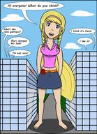 drawing giantess blonde color long_hair barefoot cleavage skirt open_mouth outdoors dialogue