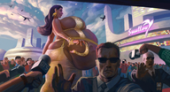 drawing long_hair purple_hair huge_breasts short_hair mini_giantess bbw stomach walking sunglasses outdoors crowds reporters reporter bigbig arnold_schwarzenegger tight_clothing