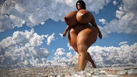 giantess city black_hair destruction huge_breasts short_hair walking dark_skin outdoors big_butt debris thick_thighs digital_render dinner-kun