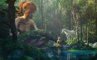 gentle giantess nude long_hair butt bath cleavage red_hair ponytail horse forest pond digital_render narkoman22 shadowfax