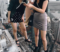 giantess collage city skirt asian sandals phone bending_over looking_down outdoors purse bracelet open_toe airraid