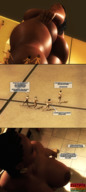 giantess comic large_breasts long_hair butt barefoot huge_breasts bbw kitchen shrunken_woman looking_down cruel dark_skin african voluptuous earrings dialogue panels digital_render thick yarifox