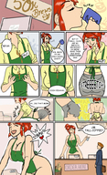 drawing growth comic huge_breasts ponytail short_hair mini_giantess drinking coffee ripped_clothing dialogue panels