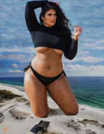 giantess collage panties black_hair long_hair beach water posing kneeling underboob belly curvy gtsx3d