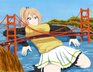 breasts drawing giantess blonde color long_hair skirt water purple_eyes lying_down underneath vehicles hair_bow golden_gate_bridge bystanders san_francisco giantwaifus