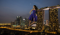 giantess collage city buildings brunette wonderslug dress skyscraper night sky city_lights quarter_moon tako_natsvlishvili