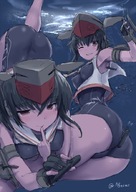 drawing giantess black_hair color long_hair butt handheld playful smiling underwater submarine hat looking_back abzome