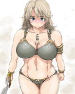 drawing gentle giantess panties blonde color large_breasts long_hair blue_eyes sword cleavage bra navel warrior muscles walking sketch looking_at_viewer bikuta