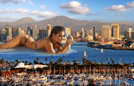 giantess collage city swimsuit wonderslug lying_down skyscraper mountains boats harbor barbara_palvin san_diego