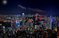 giantess collage city barefoot water wonderslug skyscraper night aerial_view looking_at_viewer city_lights night_sky eva_rivas victoria_harbour