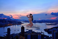 breasts giantess collage city mega buildings wet brunette wonderslug kneeling looking_at_viewer sunrise city_lights eva_rivas victoria_harbour